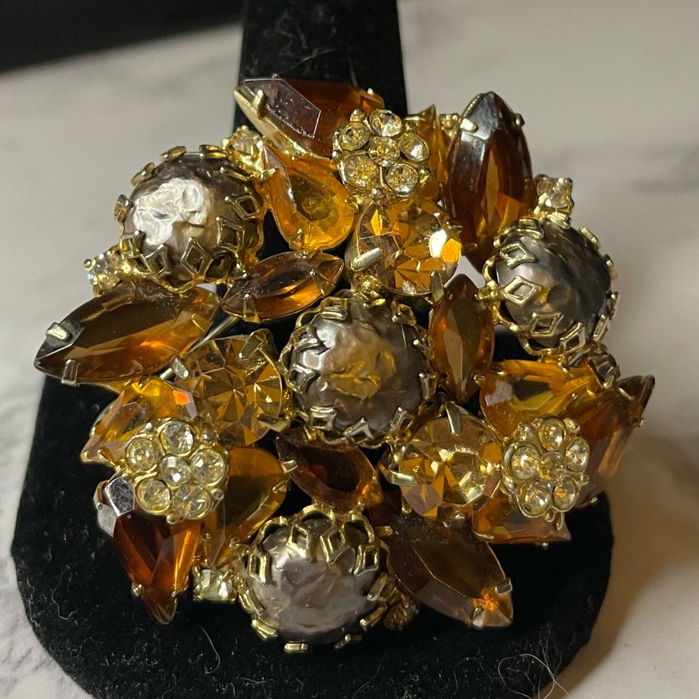 Juliana rare amber, gold and grey purple tinted baroque pearl brooch.
